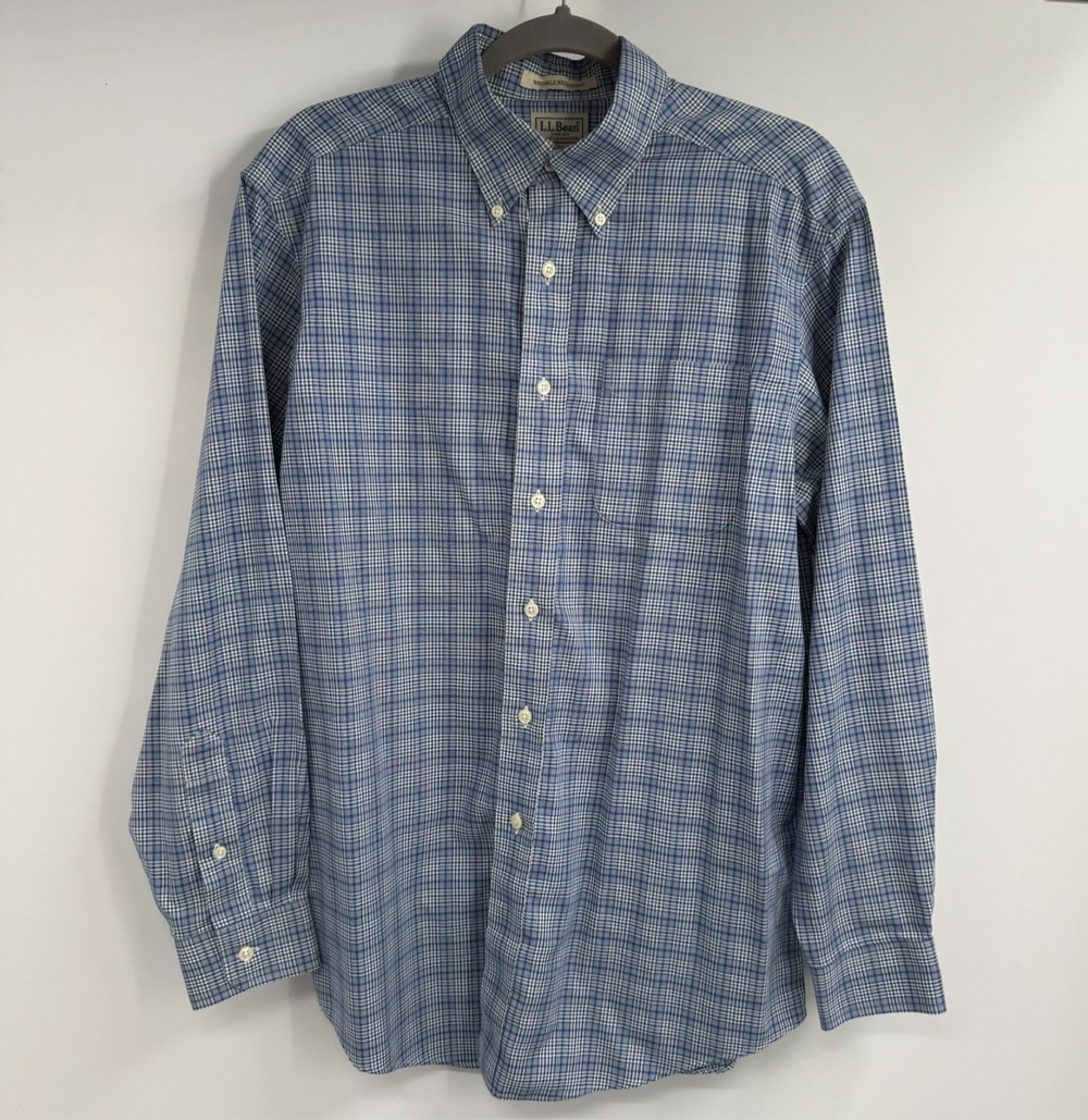 L.L.Bean Wrinkle Resistant Button Up Shirt Mens Sz Medium Blue Plaid Long Sleeve